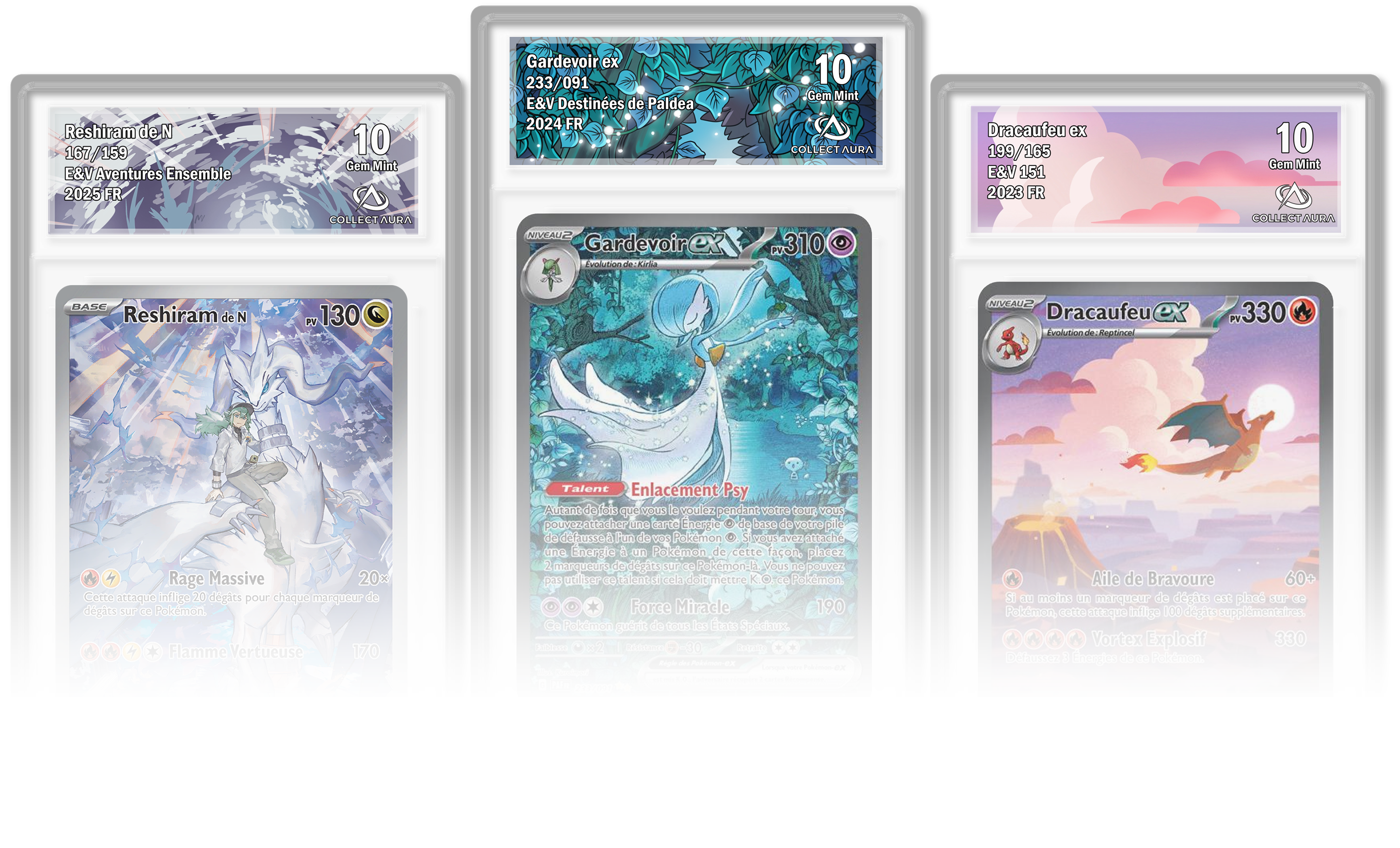 Cartes Pokémon protégées par des sleeves et des card savers, avec un bon de commande